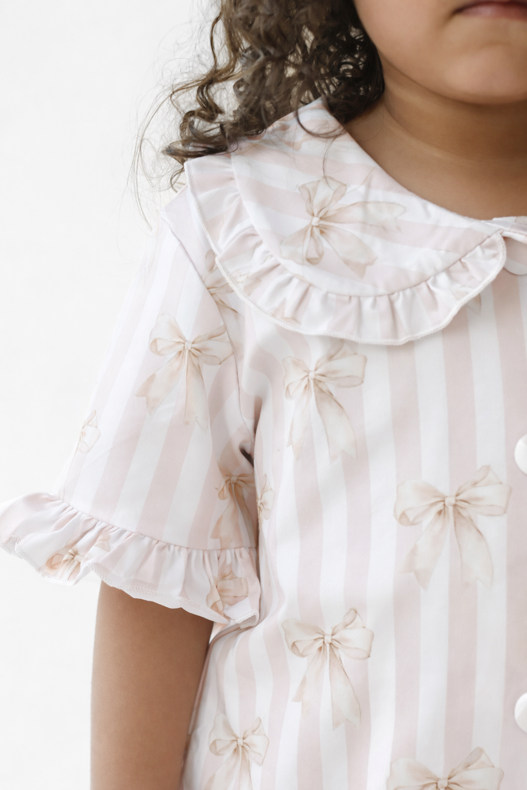 Beige Stripe Bow Short Sleeve Girls Frilly Pyjamas