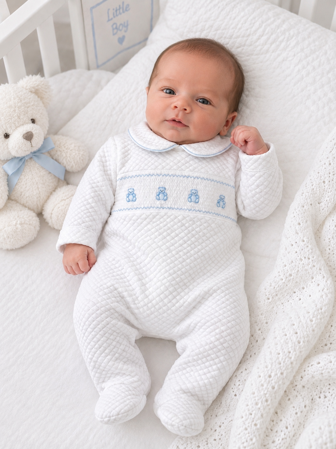 K30 White & Blue Teddy Embroidered Babygrow