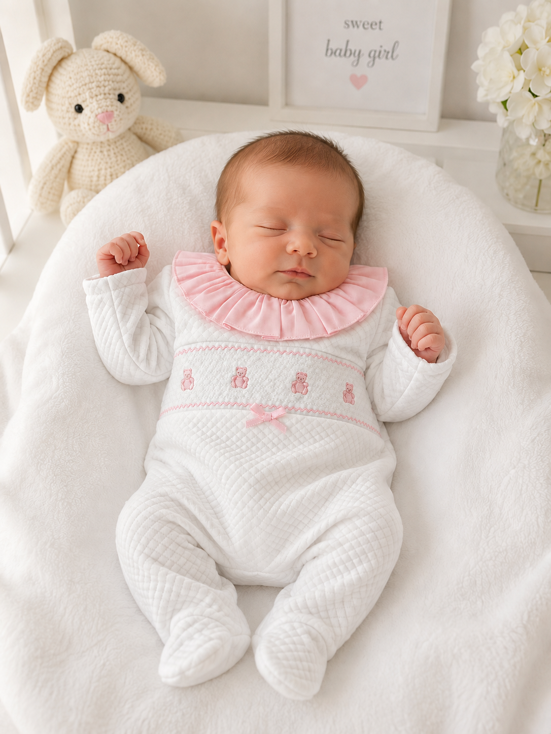 K30 White & Pink Frilly Embroidered Babygrow