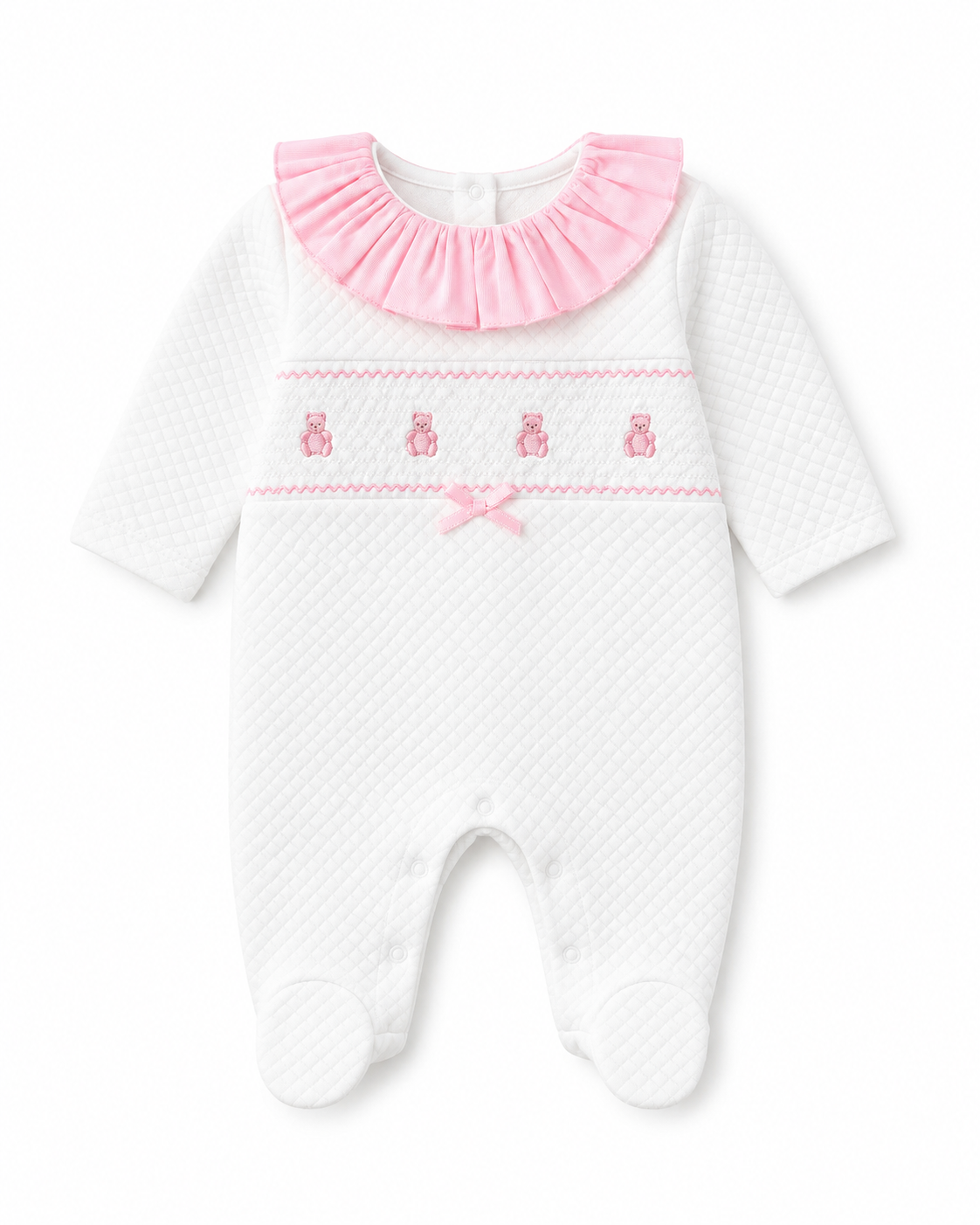 K30 White & Pink Frilly Embroidered Babygrow