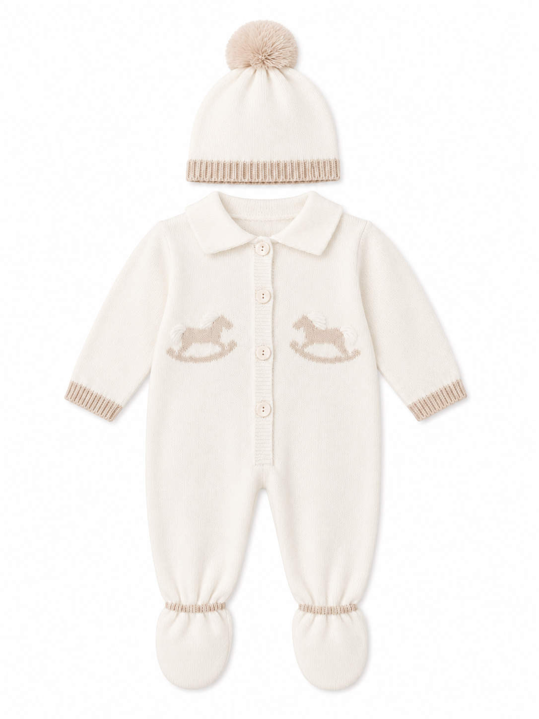 Baby Boys Knitted Rocking Horse Babygrow & Hat Ivory
