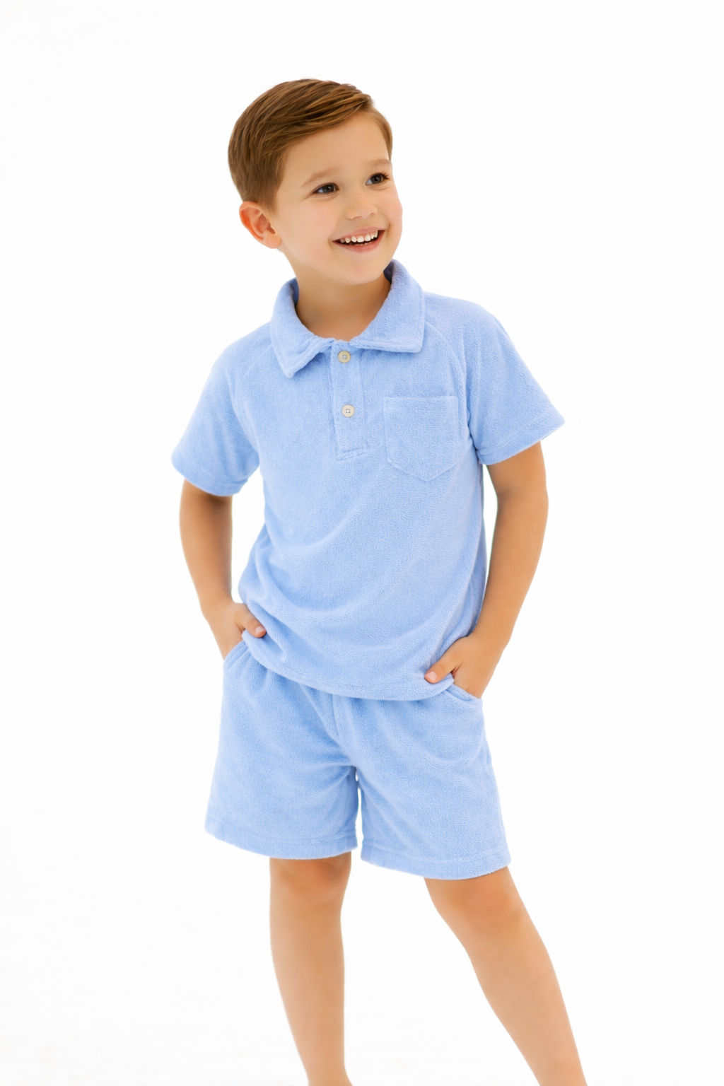 Ernie Boys Terry Towelling Button Polo Top & Shorts Baby Blue