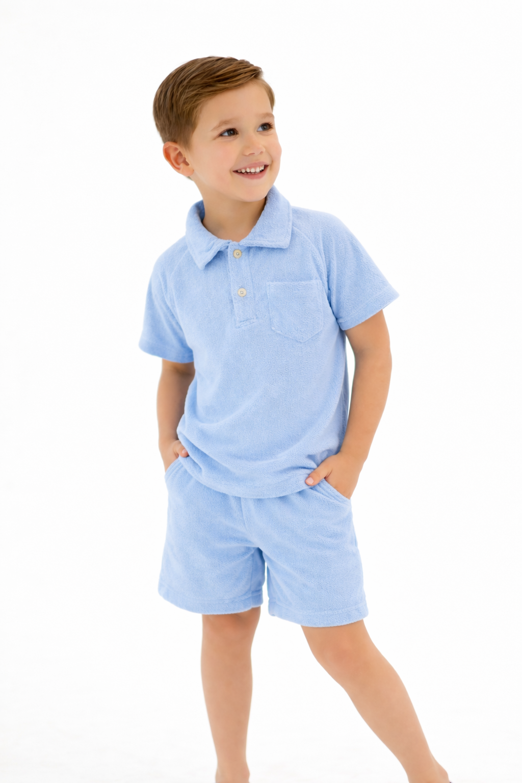 Ernie Boys Terry Towelling Button Polo Top & Shorts Baby Blue