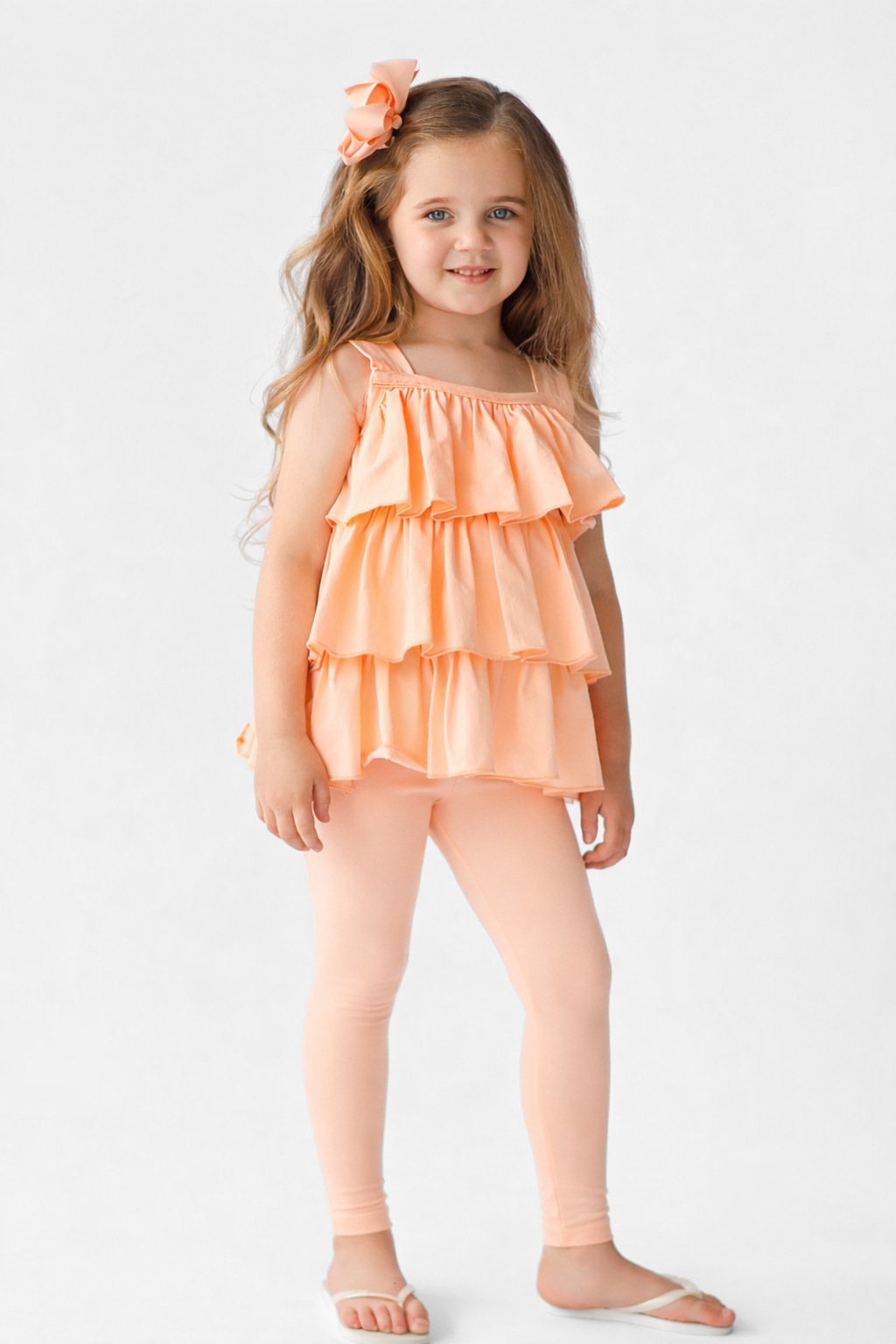 Eva Girls Frilly Ruffle 3 Piece Top Shorts & Leggings Set Peach