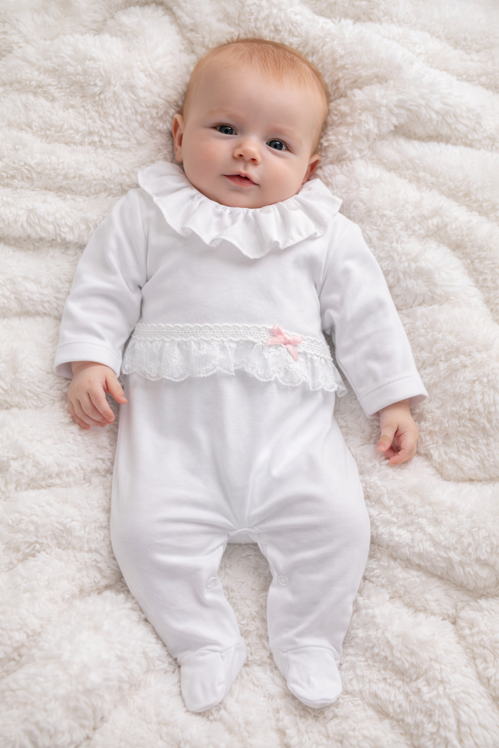 128 Girls Frilly Laced Babygrow White