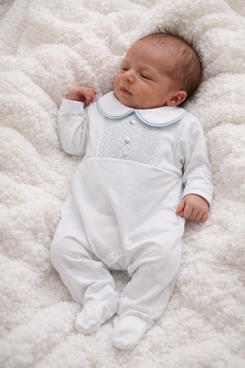 238 Baby Boys Peter Pan Collar Babygrow White/Blue