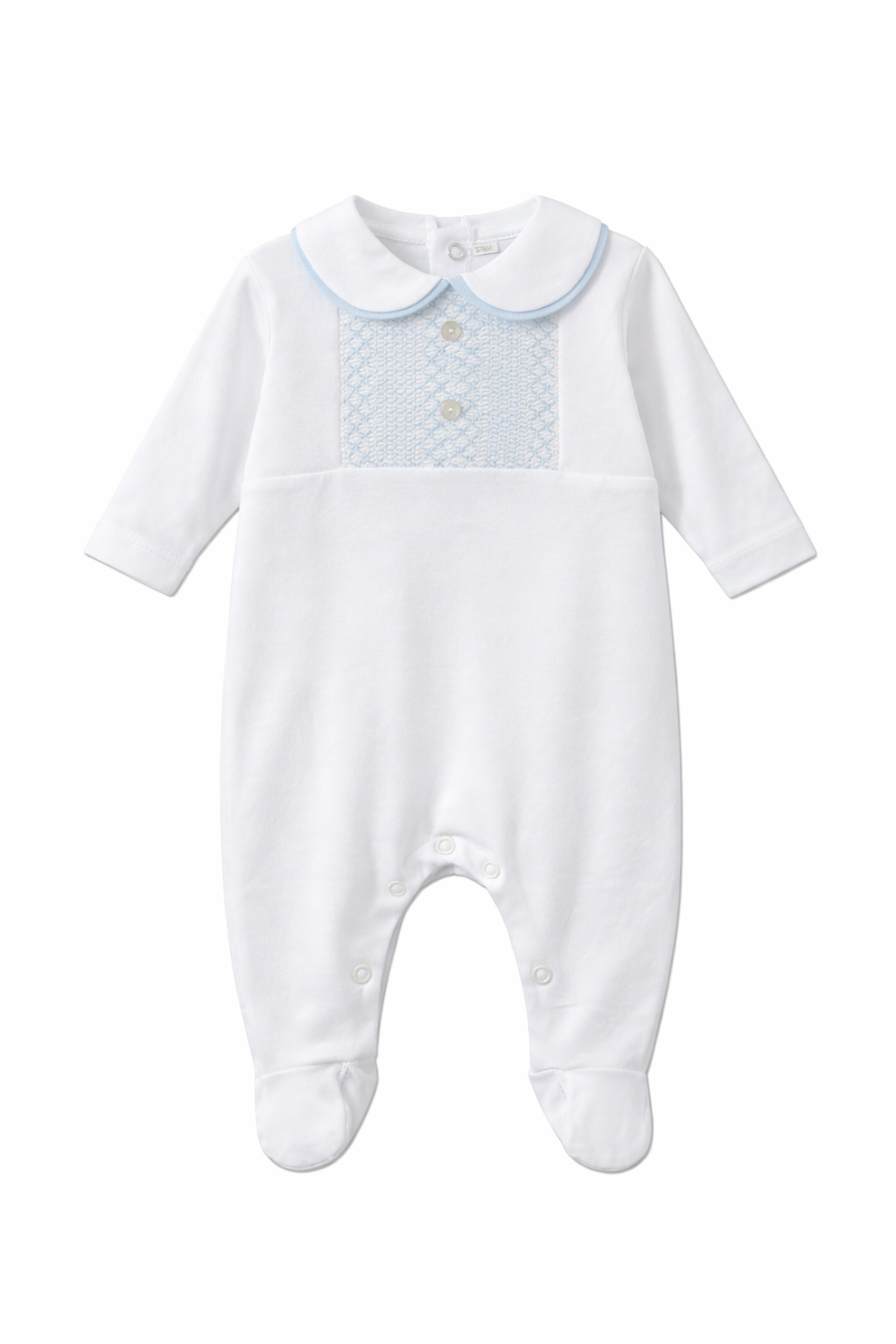 238 Baby Boys Peter Pan Collar Babygrow White/Blue