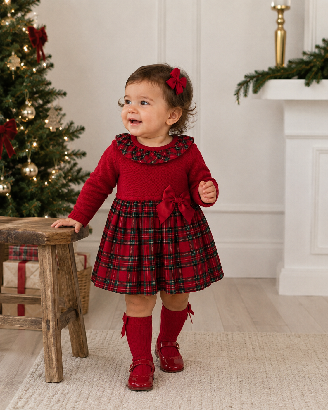 Izzie Girls Red Tartan Frilly Collar Dress