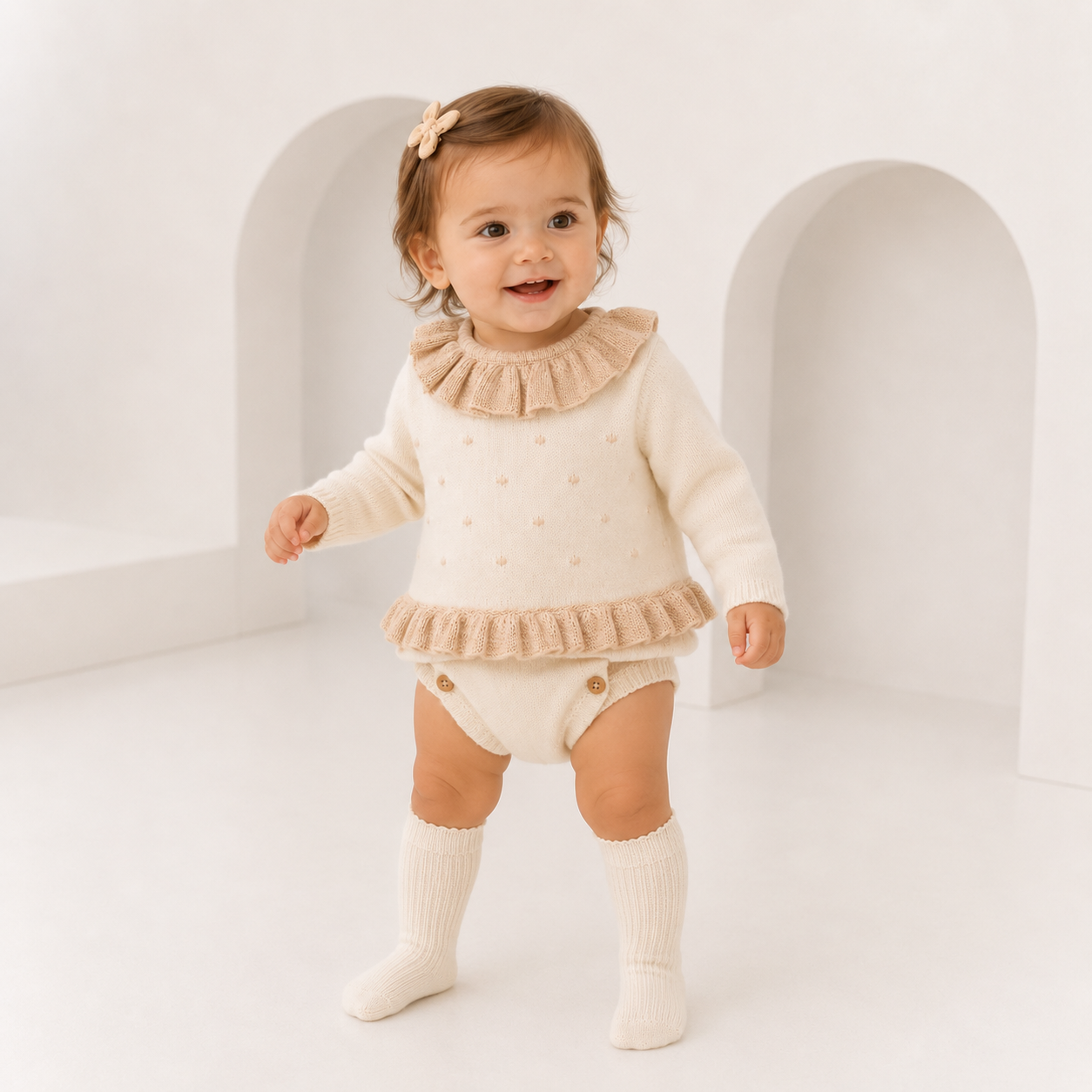 514 Baby Girls Ivory & Pink Knitted Jam Pants Outfit Set