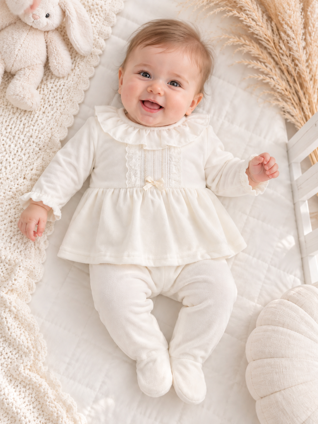 Hannah Ivory Velour Embroidered Babygrow 2 Piece