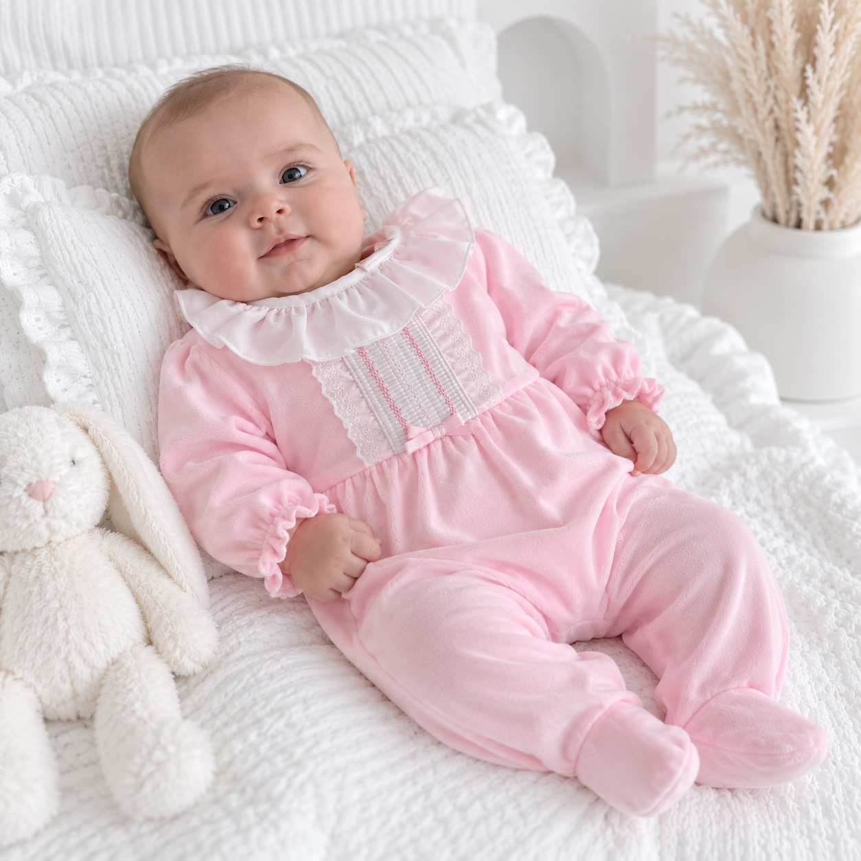 Hannah Babygrow Pink Embroidered Velour
