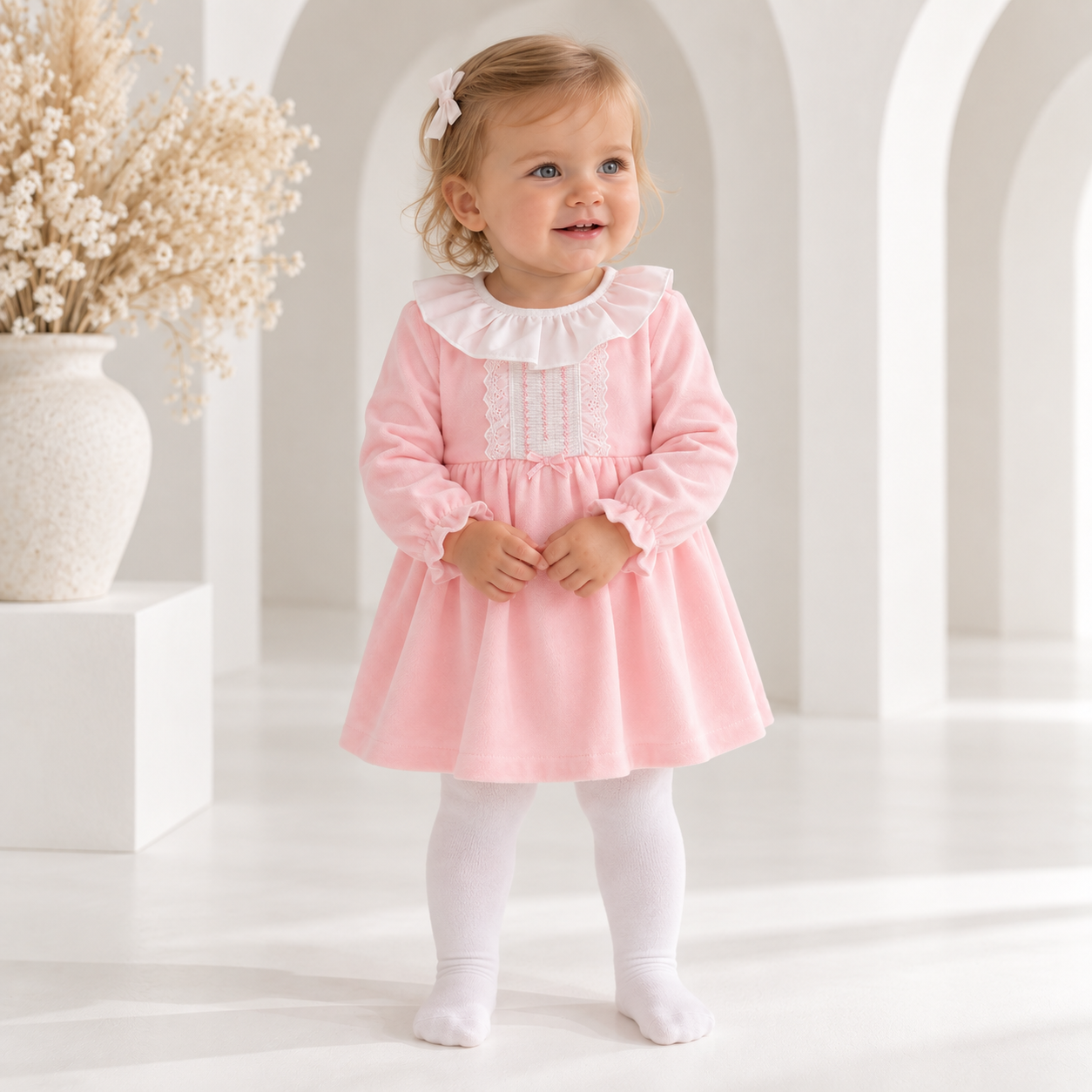 Hannah Dress Pink Embroidered Velour