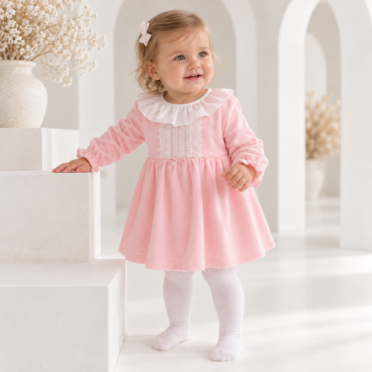 Hannah Dress Pink Embroidered Velour