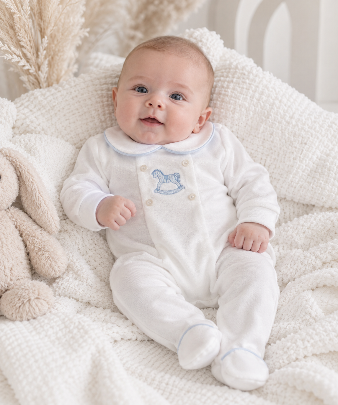 George Babygrow Embroidery Horse White/Blue Velour