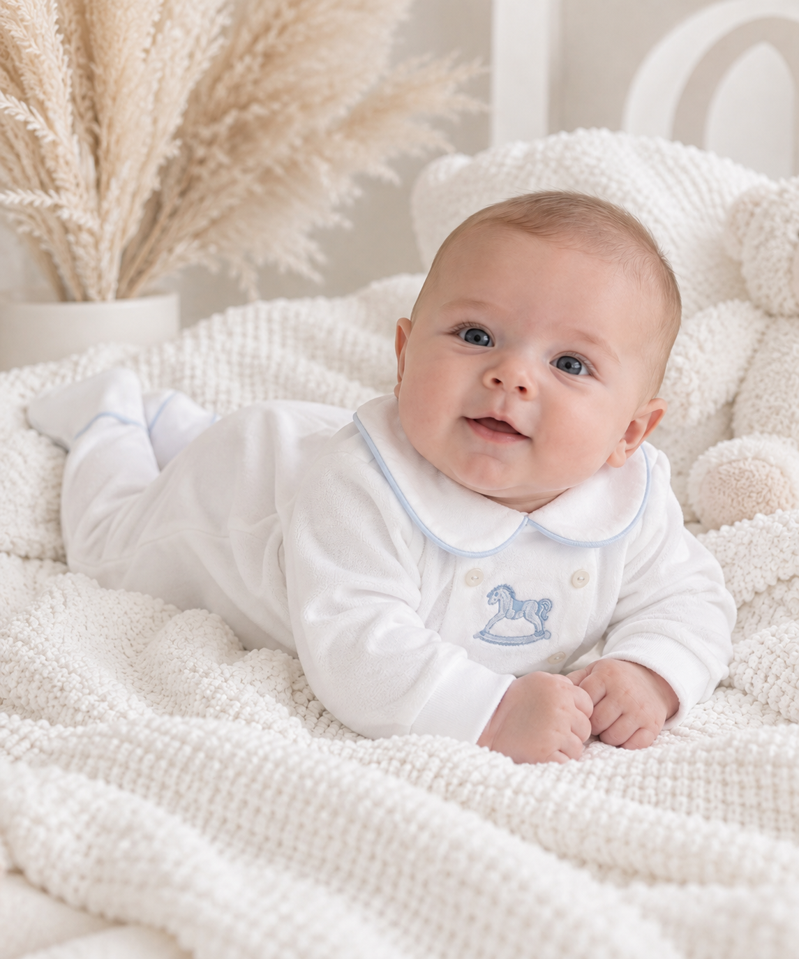 George Babygrow Embroidery Horse White/Blue Velour