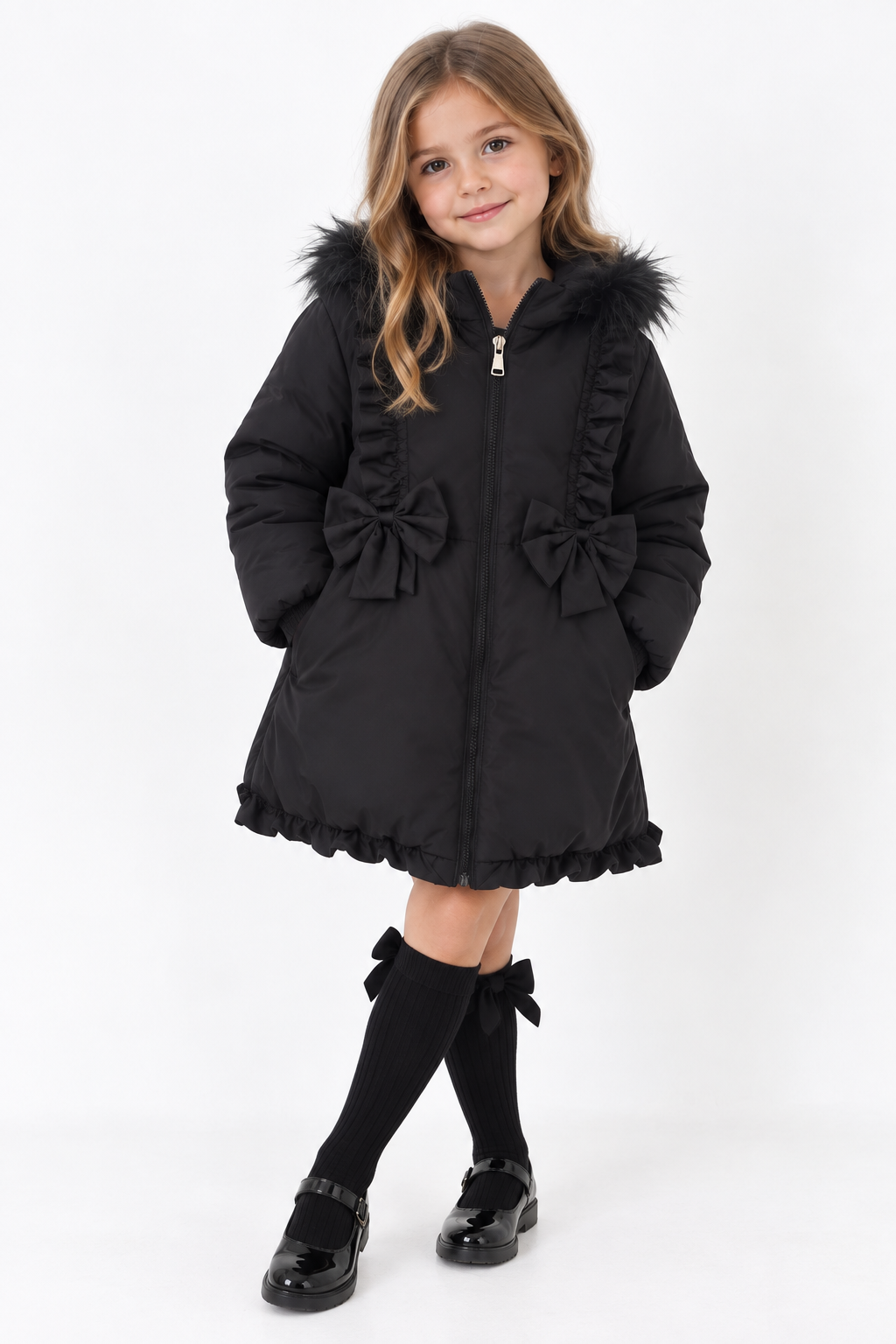 Scarlet Girls Padded Faux Fur Hood Frilly Bow Coat Black