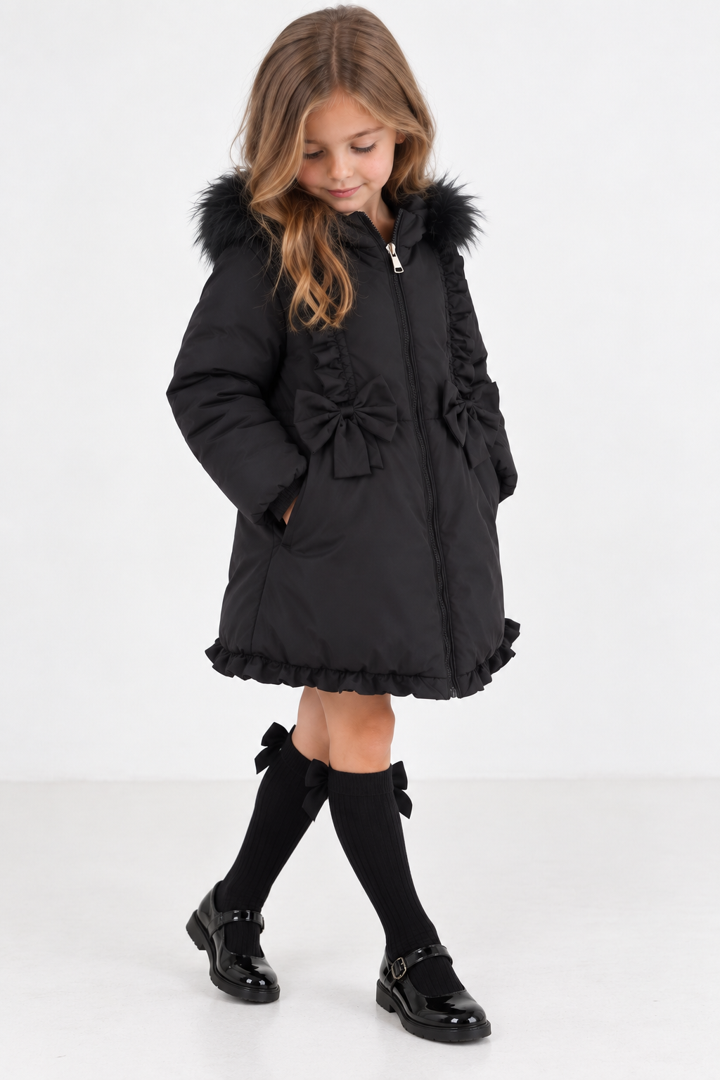 Scarlet Girls Padded Faux Fur Hood Frilly Bow Coat Black