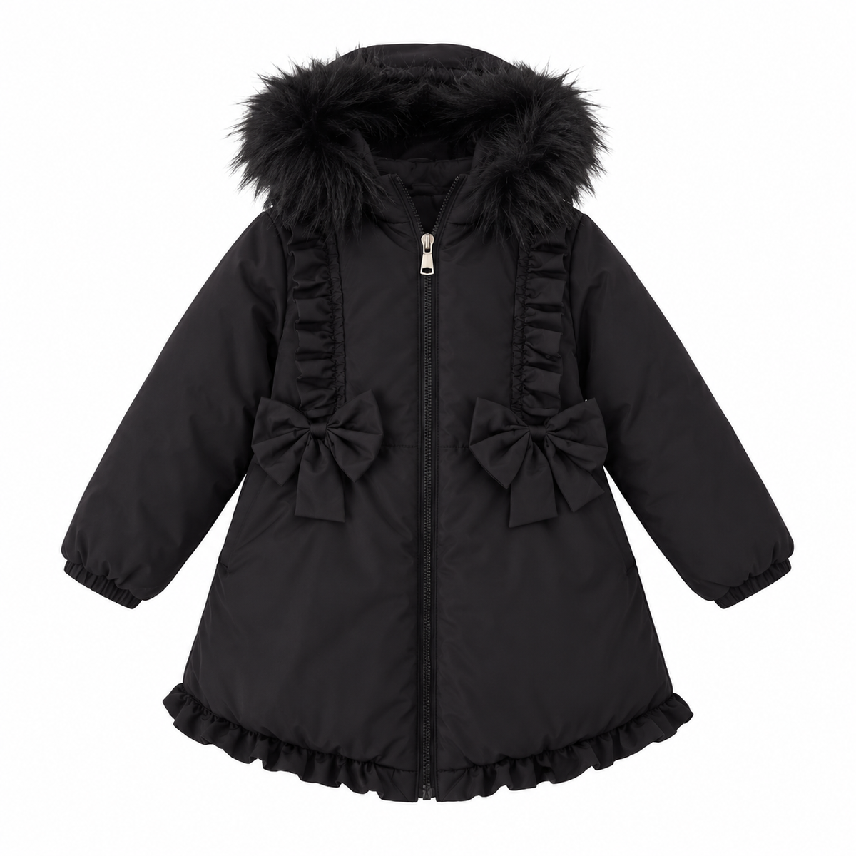 Scarlet Girls Padded Faux Fur Hood Frilly Bow Coat Black