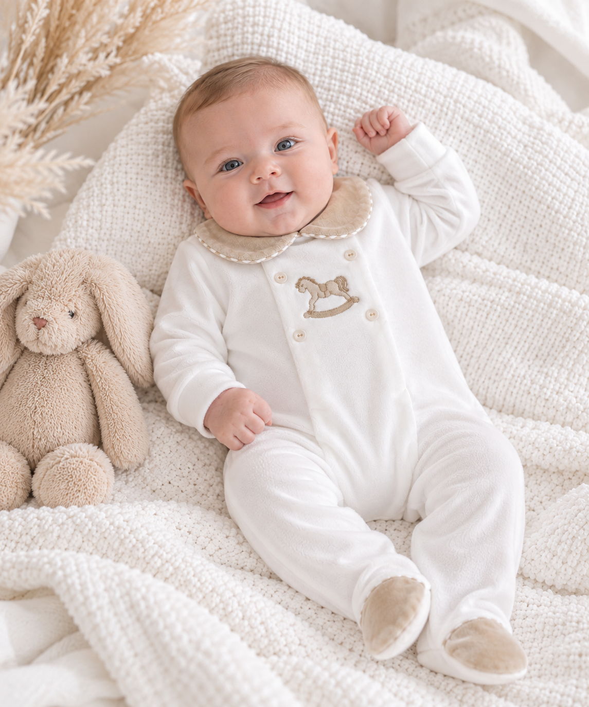 George Babygrow Embroidery Horse White/Beige Velour