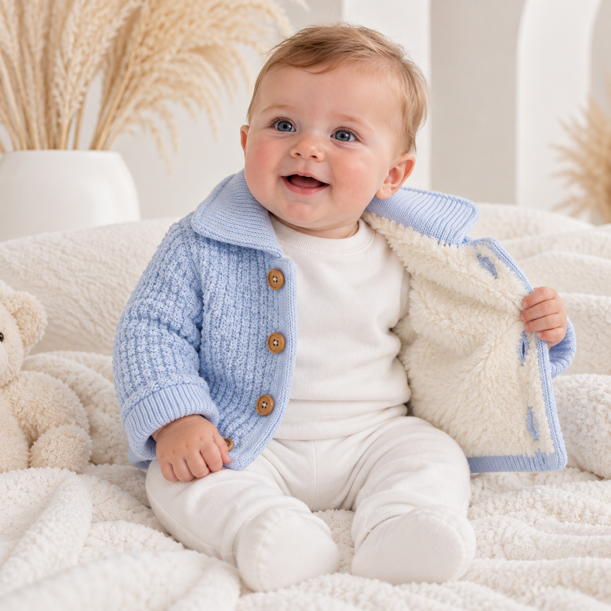 Finbar Fleece Lined Luxury Pex Baby Boys Knitted Jacket Blue