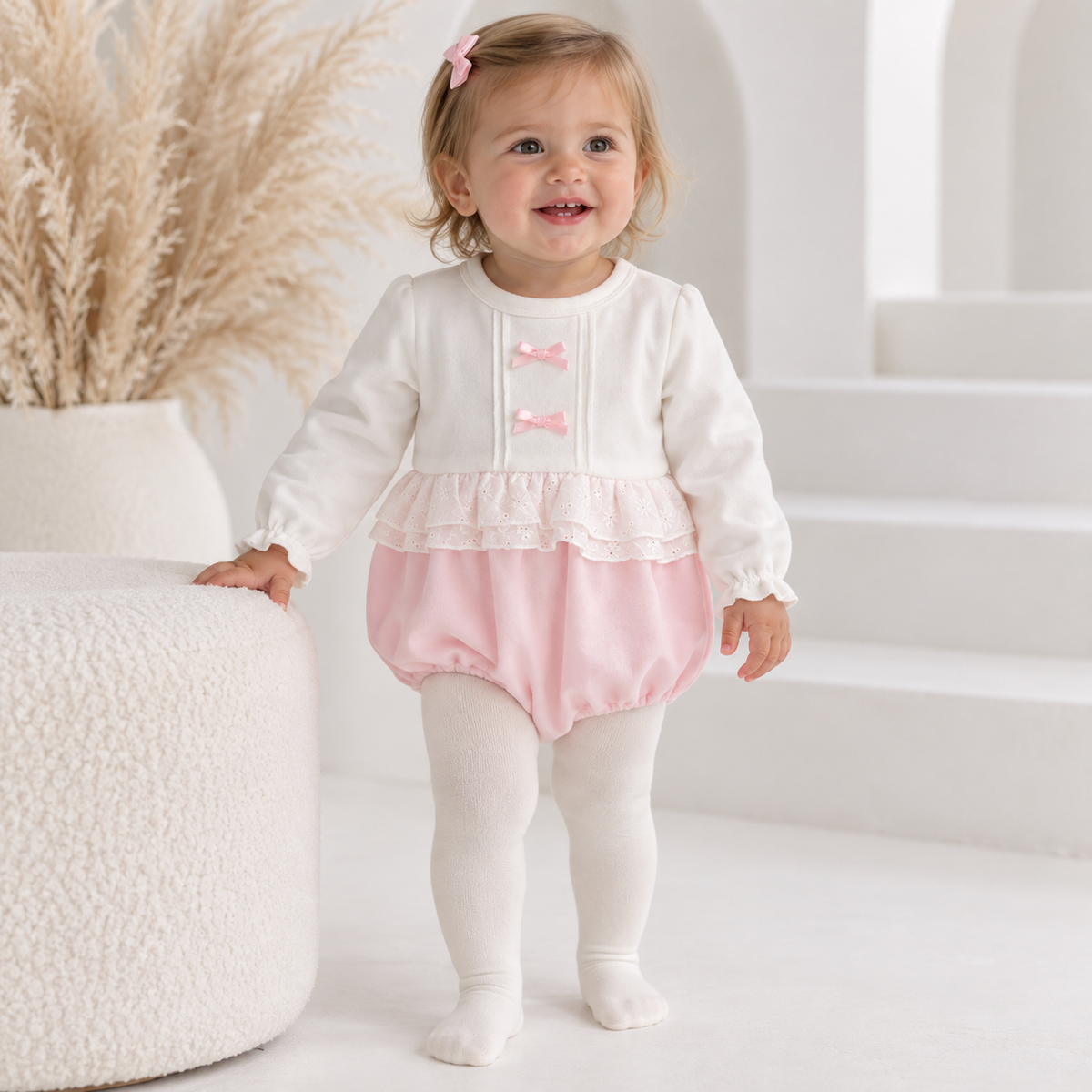 Polly Pex Baby Girls Velour Bow Romper Ivory/Pink