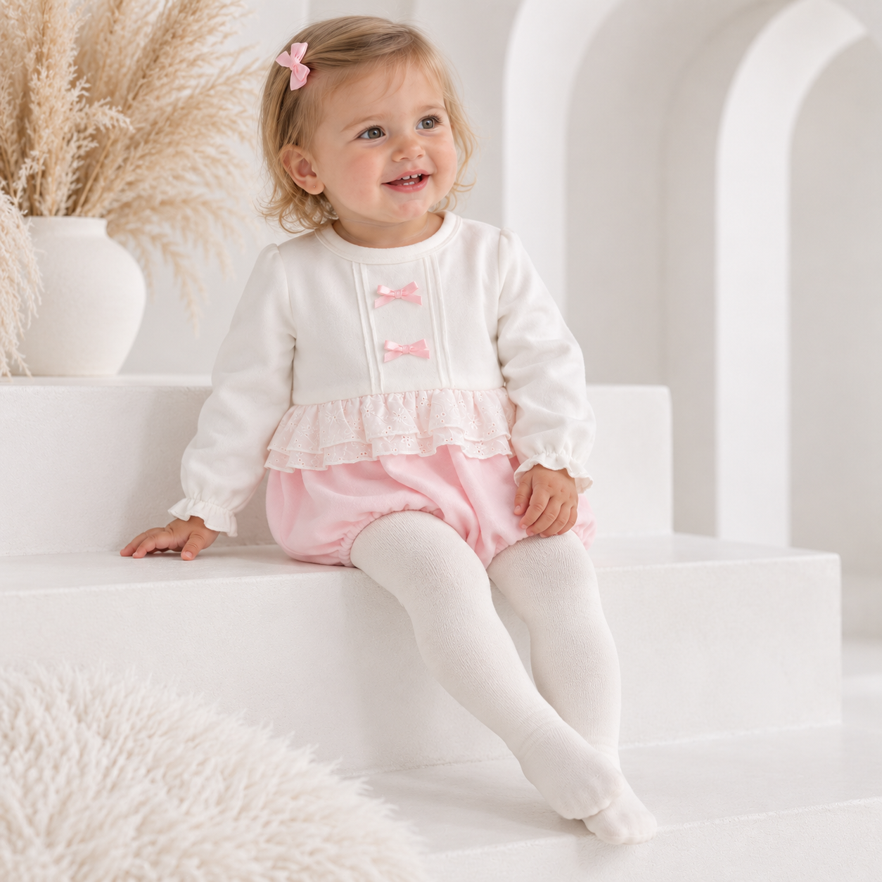 Polly Pex Baby Girls Velour Bow Romper Ivory/Pink
