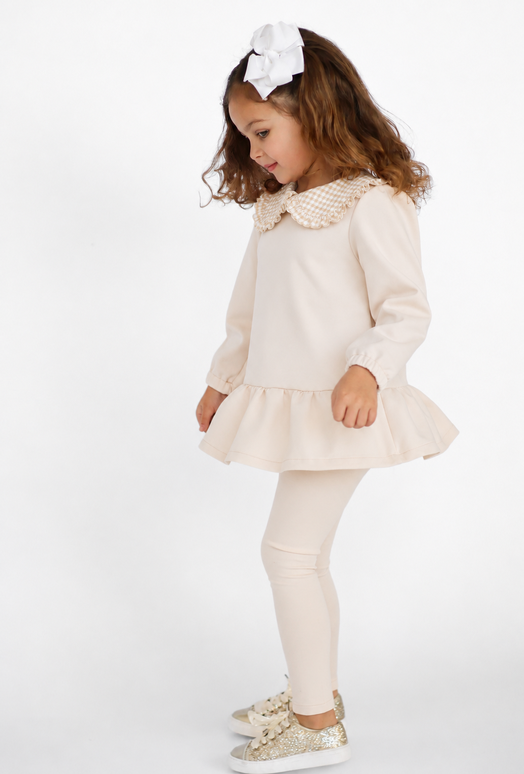 Posie Luxe Girls Checked  Jumper & Legging Tracksuit Set Beige