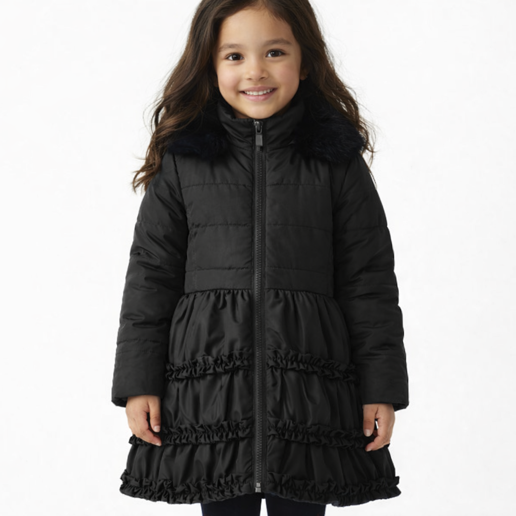 Rosie Girls Ruffle Frilly Padded Coat Black