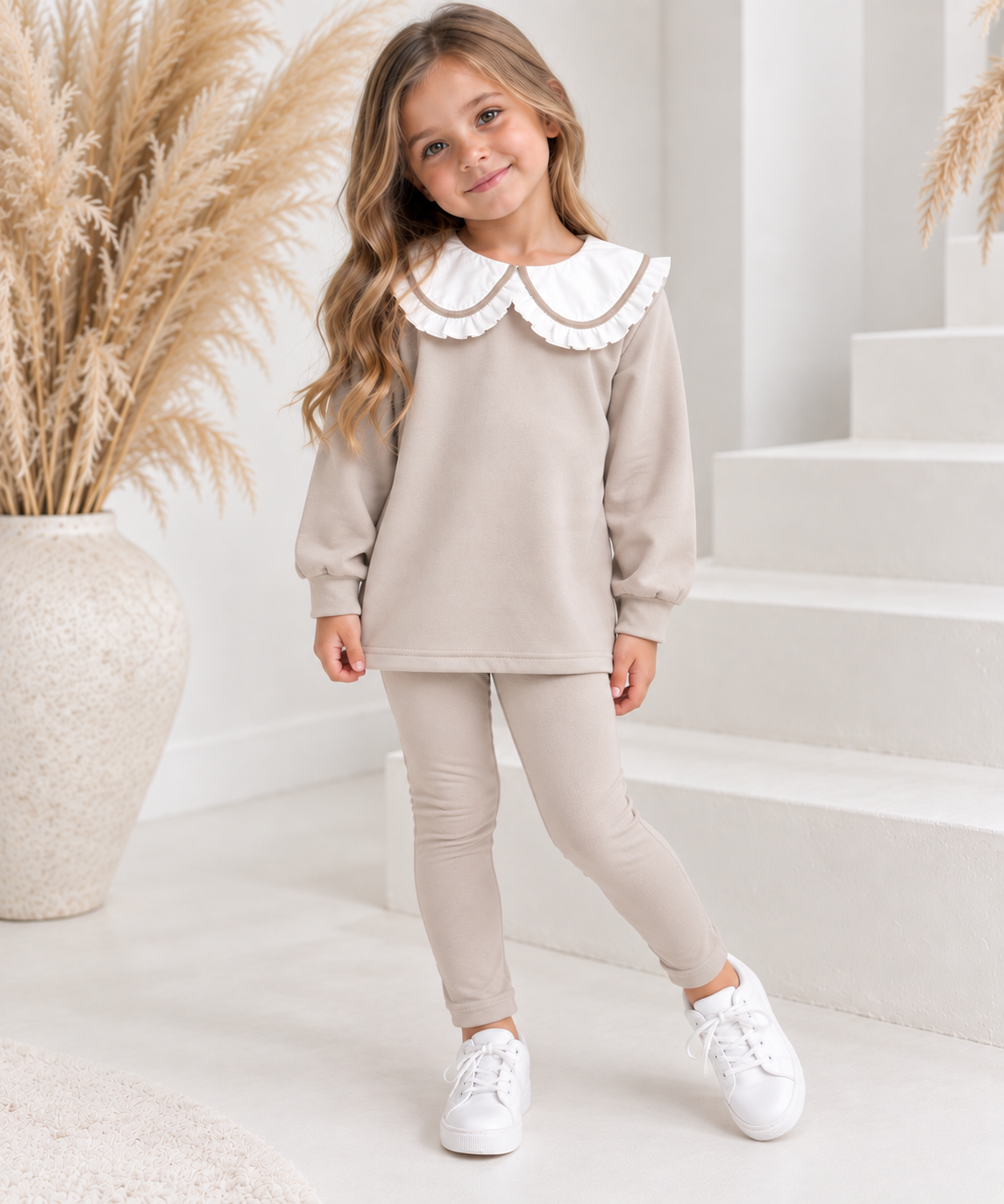 Harlow Luxe Girls Frill Collar Legging Tracksuit Set Beige
