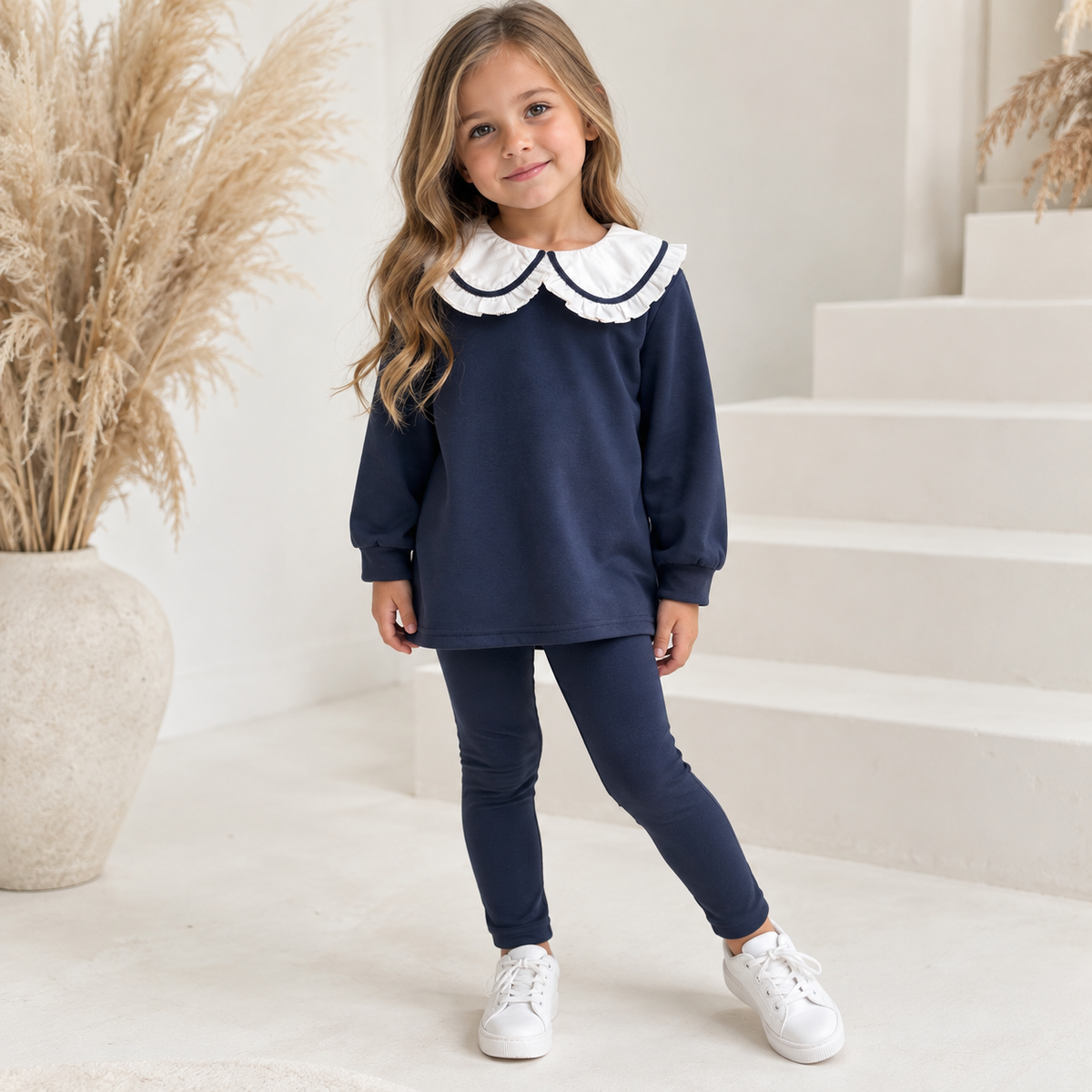 Harlow Luxe Girls Frill Collar Legging Tracksuit Set Navy