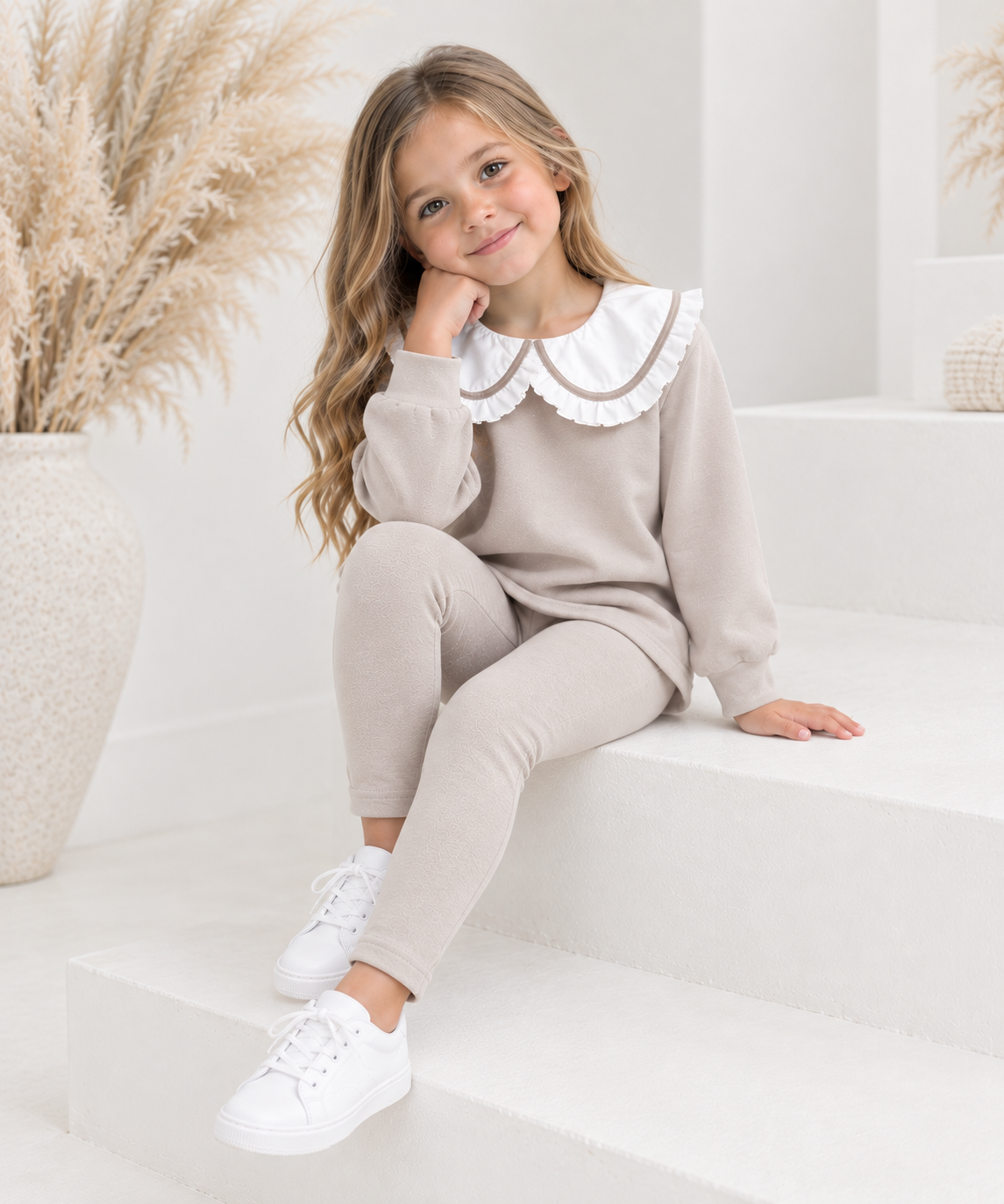 Harlow Luxe Girls Frill Collar Legging Tracksuit Set Beige
