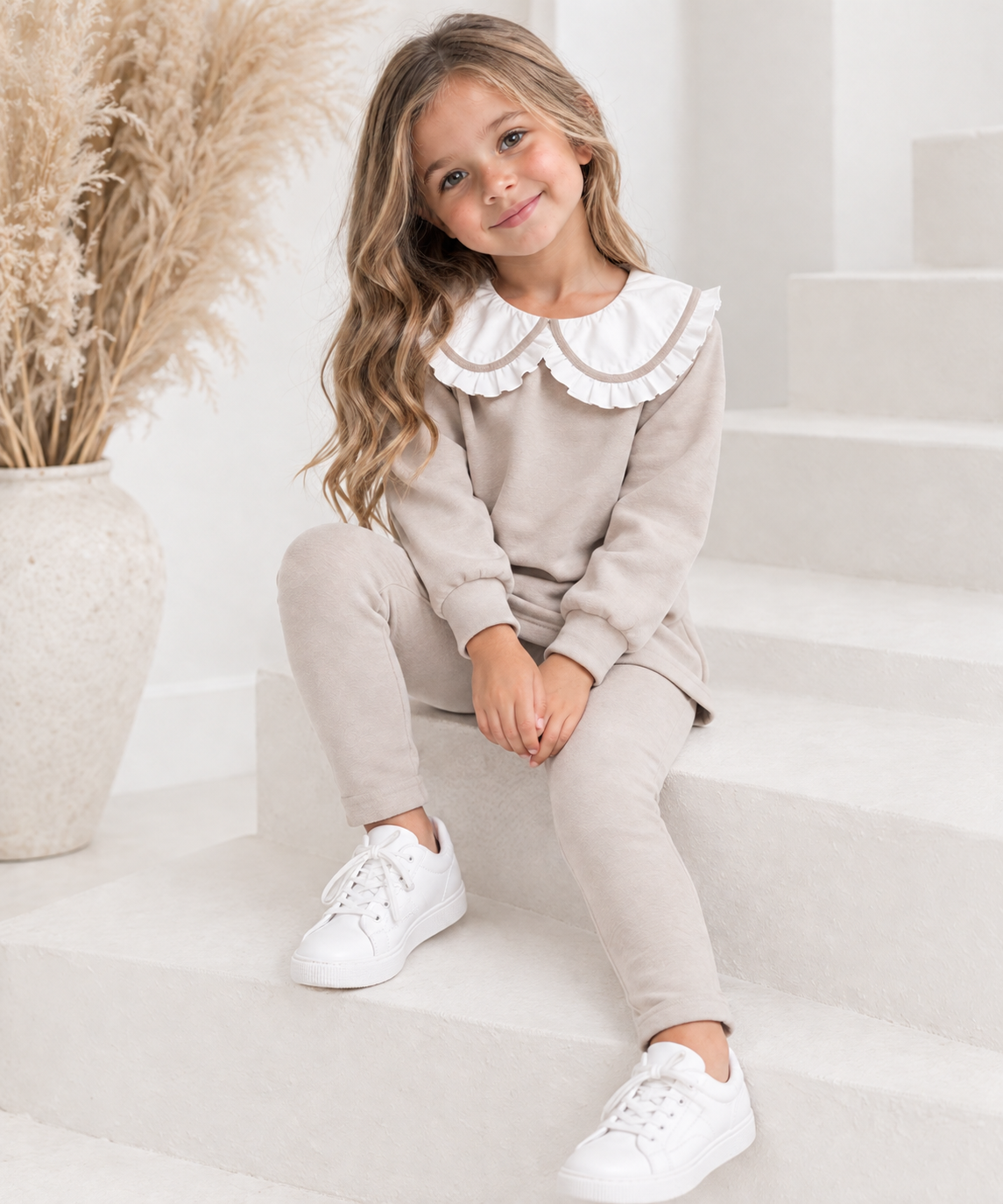 Harlow Luxe Girls Frill Collar Legging Tracksuit Set Beige