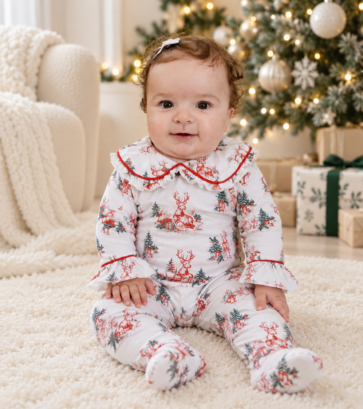 Vintage Toile Christmas Frilly Collar Babygrow