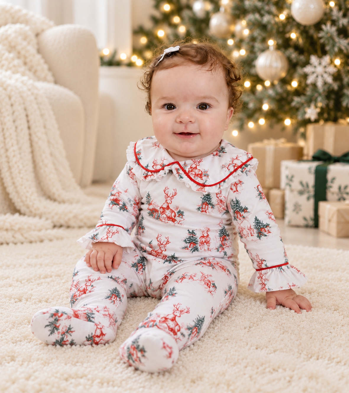 Vintage Toile Christmas Frilly Collar Babygrow