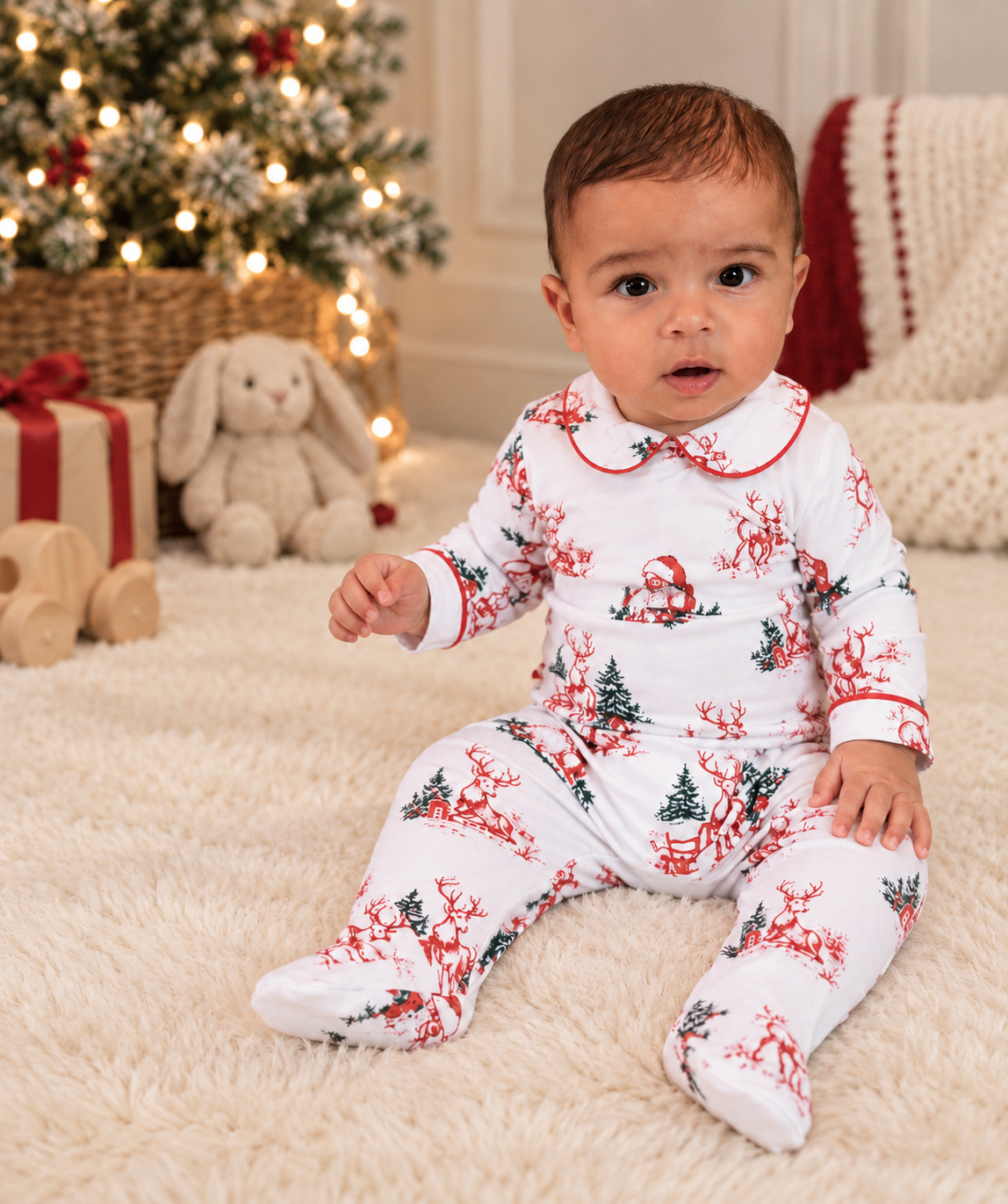 Vintage Toile Christmas Plain Collar Babygrow