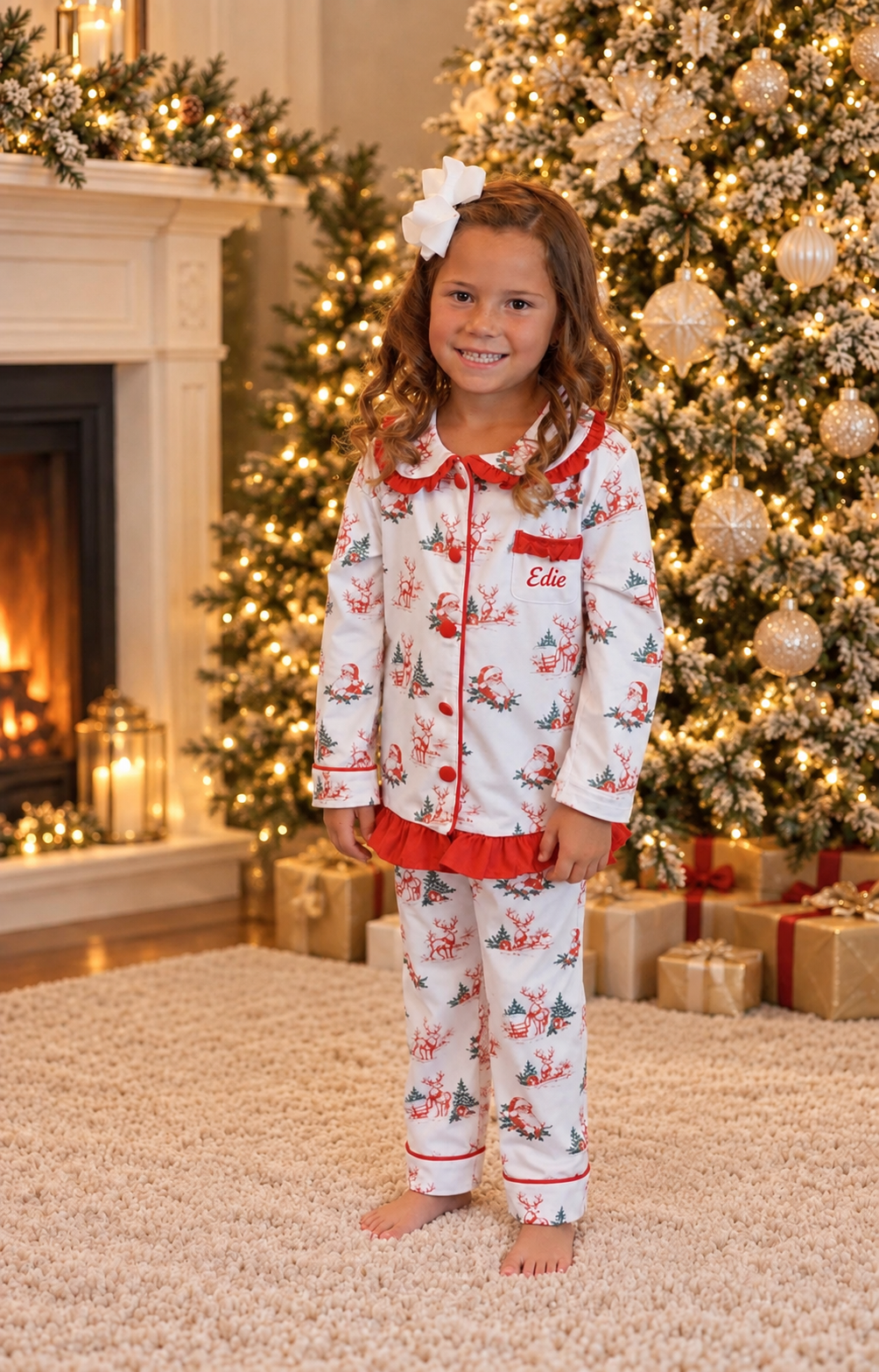 Vintage Toile Christmas Girls Frilly Collar Pyjamas