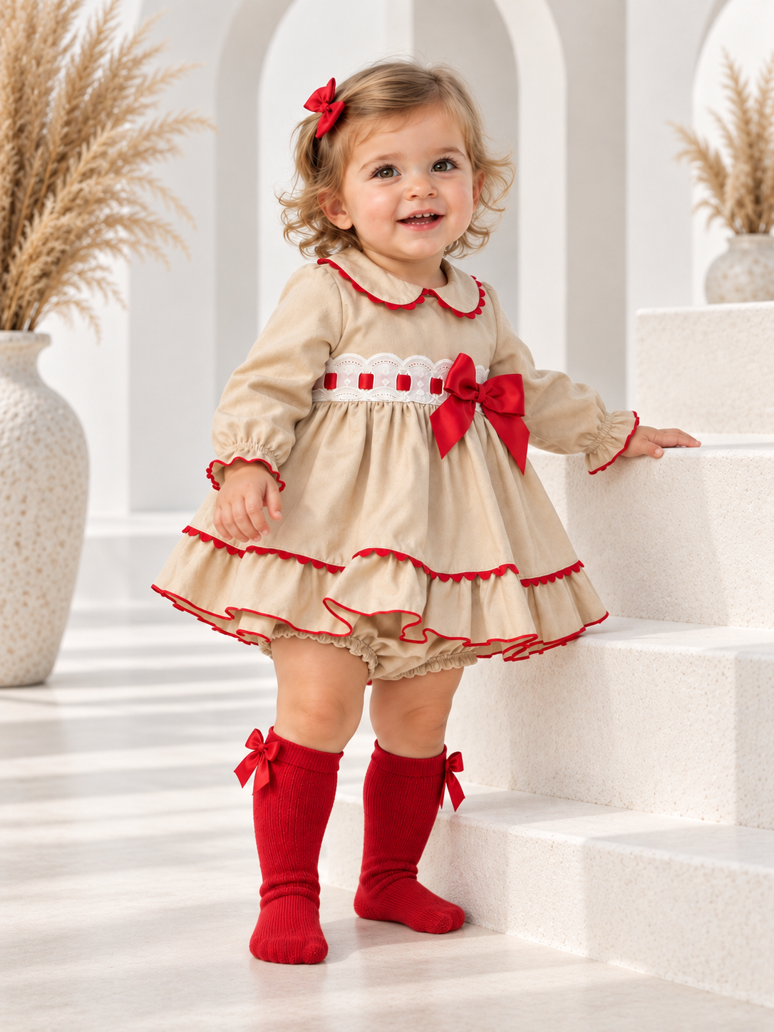 MYD26210 Baby Girls Weeme Dress & Bloomers Beige & Red
