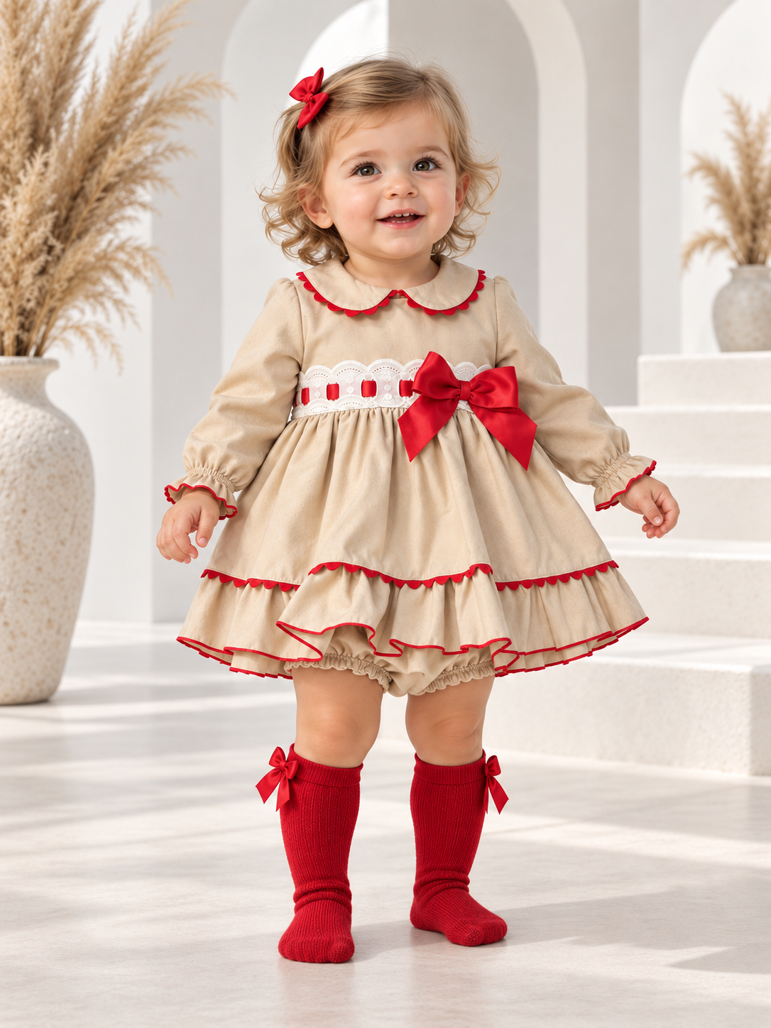 MYD26210 Baby Girls Weeme Dress & Bloomers Beige & Red
