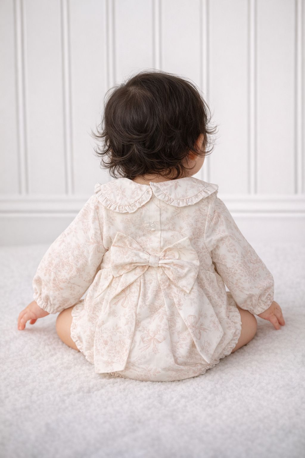 Baby Girls Beige Bow Floral Frilly Romper