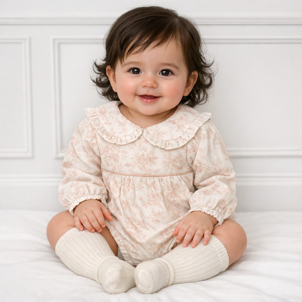 Baby Girls Beige Bow Floral Frilly Romper