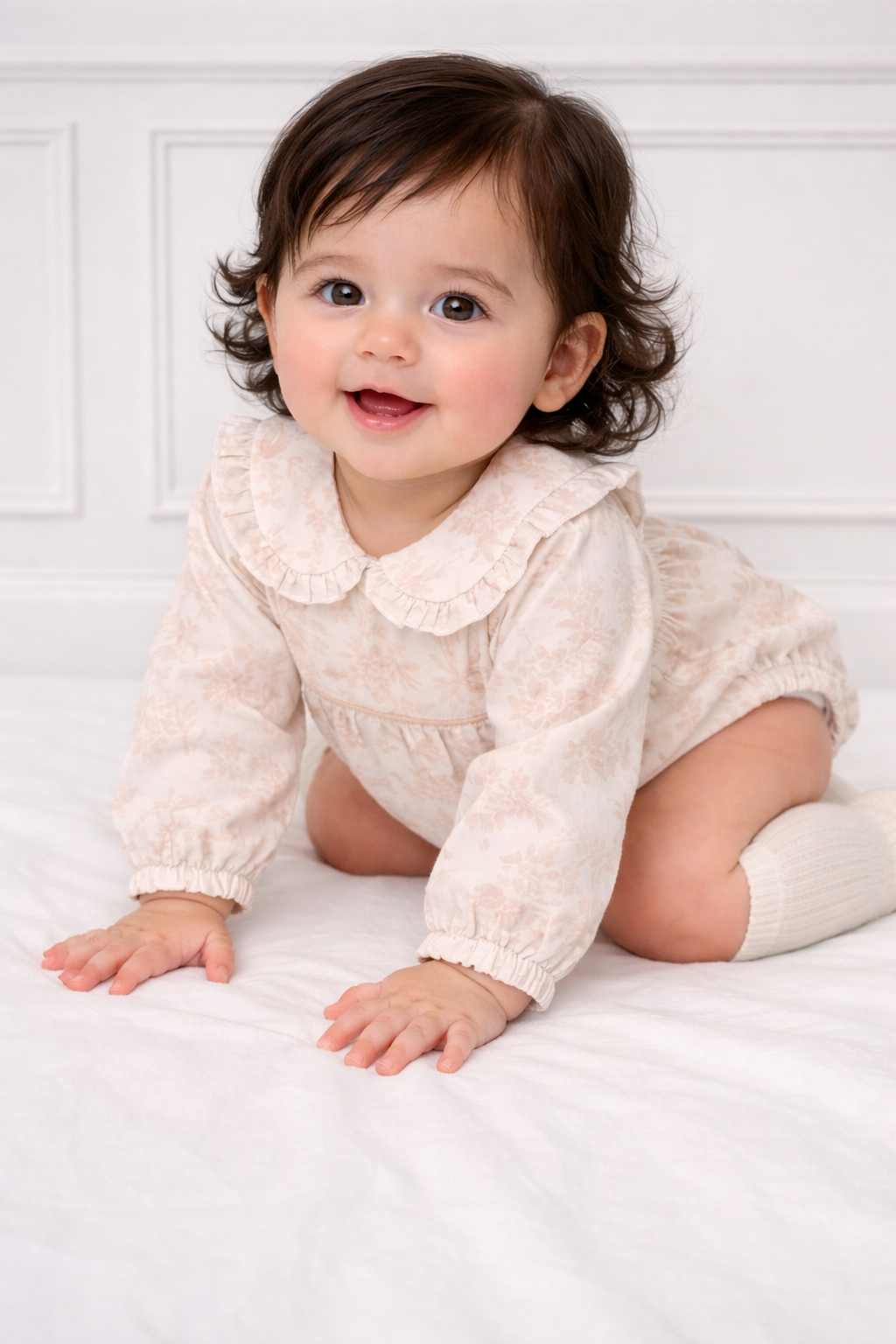 Baby Girls Beige Bow Floral Frilly Romper