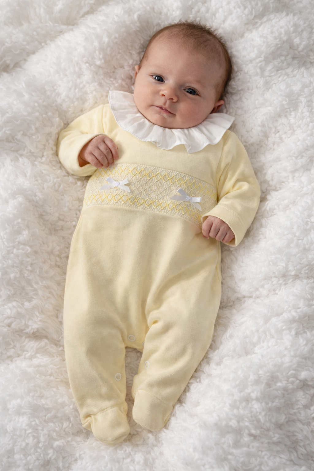 Baby Girls Frilly Collar Smocking Lemon Babygrow