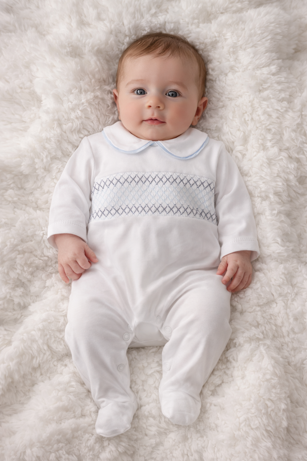 Baby Boys Peter Pan Collar Smocking Blue/Navy Babygrow