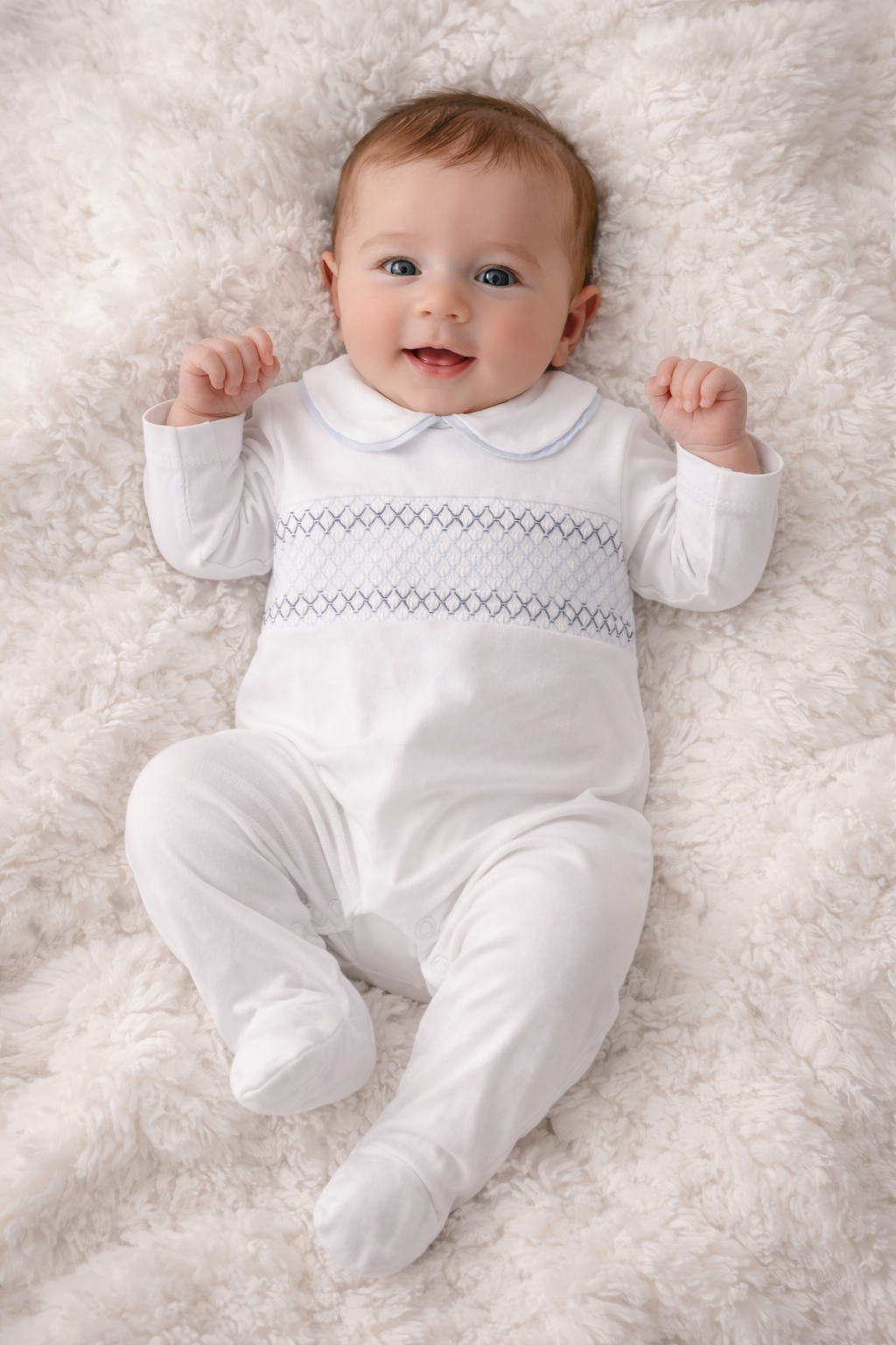 Baby Boys Peter Pan Collar Smocking Blue/Navy Babygrow