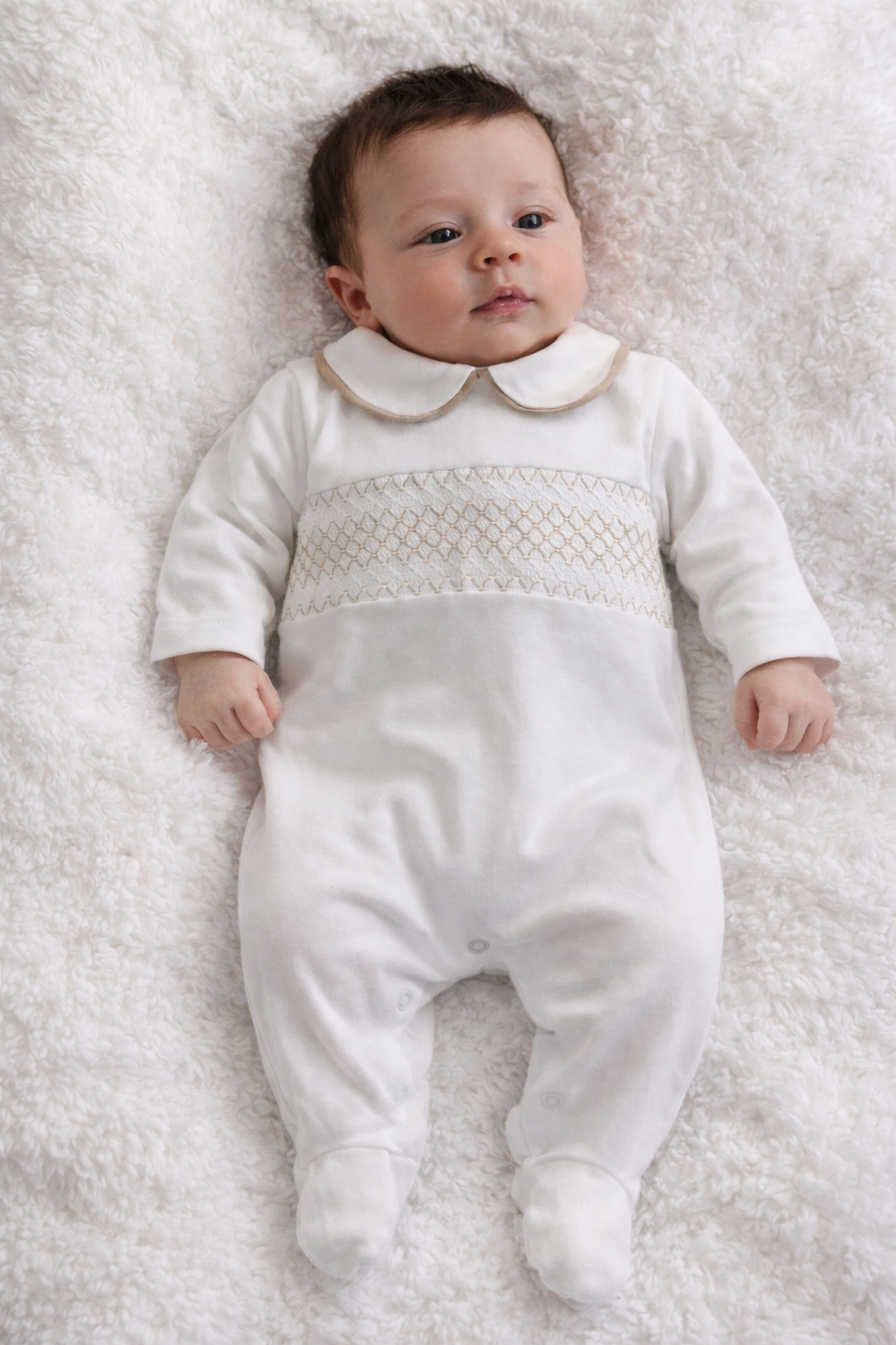 Baby Unisex Peter Pan Collar Smocking Babygrow White/Beige