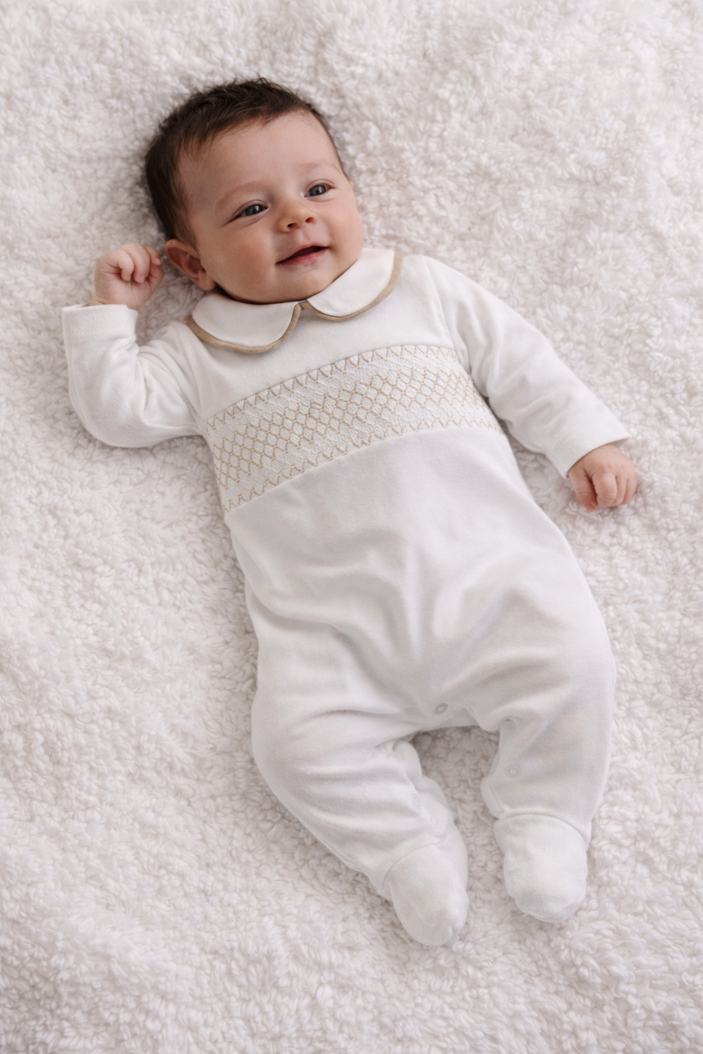 Baby Unisex Peter Pan Collar Smocking Babygrow White/Beige