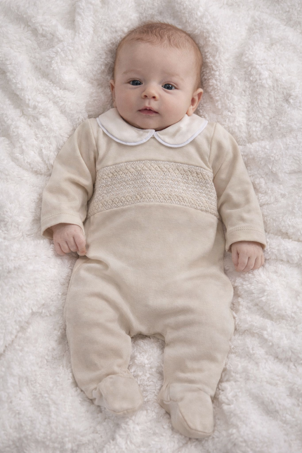 Baby Boys Peter Pan Collar Smocking Babygrow Camel
