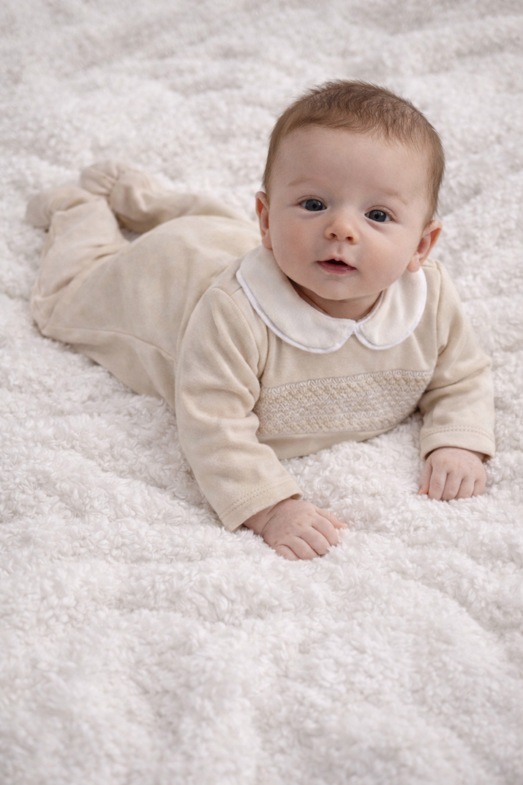 Baby Boys Peter Pan Collar Smocking Babygrow Camel