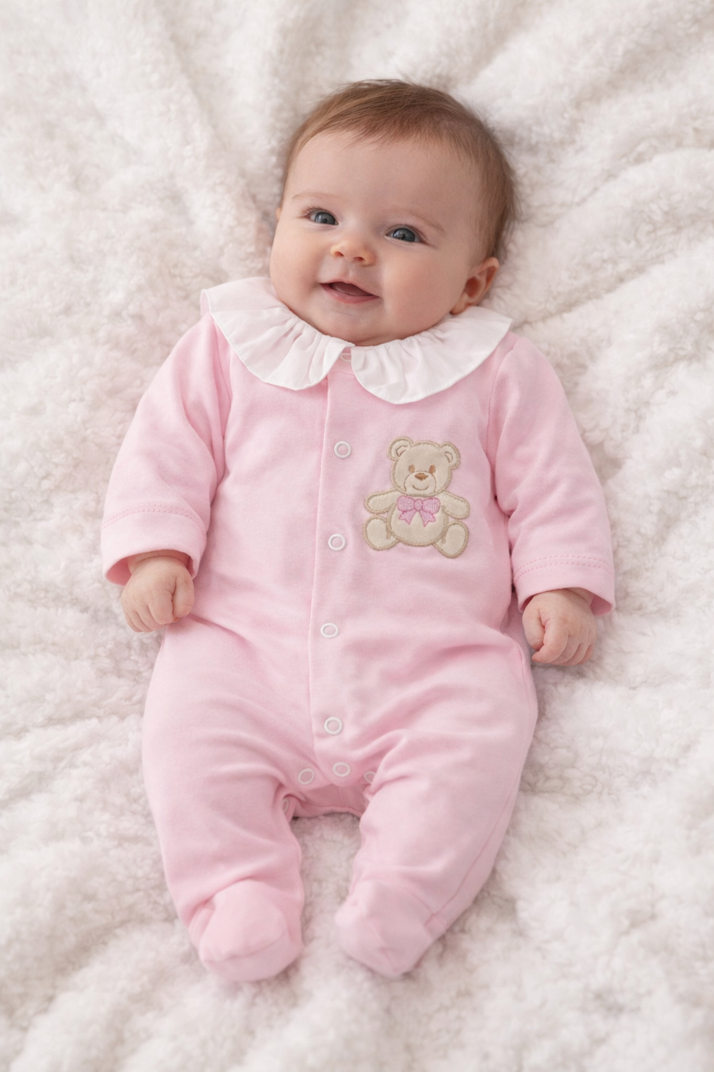 Baby Girls Frilly Collar Bow Teddy Bear Pink Babygrow