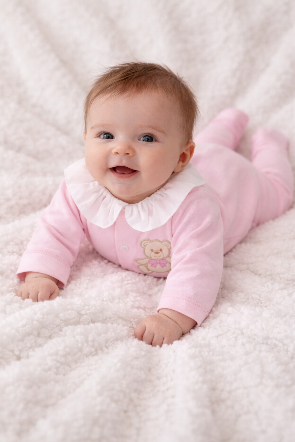 Baby Girls Frilly Collar Bow Teddy Bear Pink Babygrow